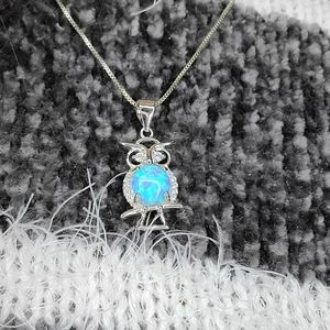 Blue Opal Sterling Silver Owl Pendant on 18" Chain